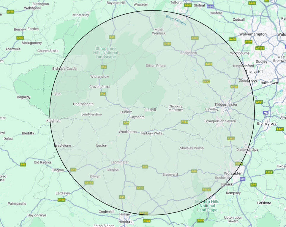 Paul Harding 15 mile radius delivery area from SY8 3NJ
