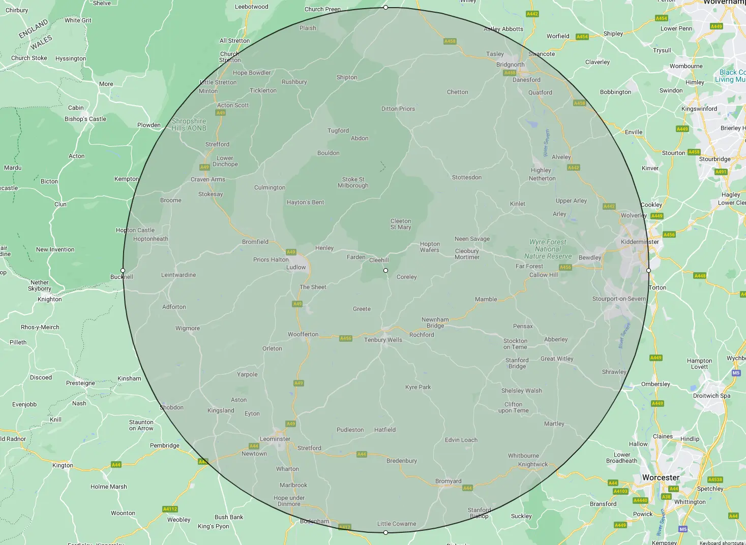 Paul Harding 15 mile radius delivery area from SY8 3NJ